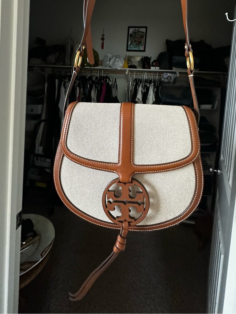 TORY BURCH MILLER CANVAS & LEATHER QUADRANT SMALL SADDLE BAG Designer Purse~NEW!